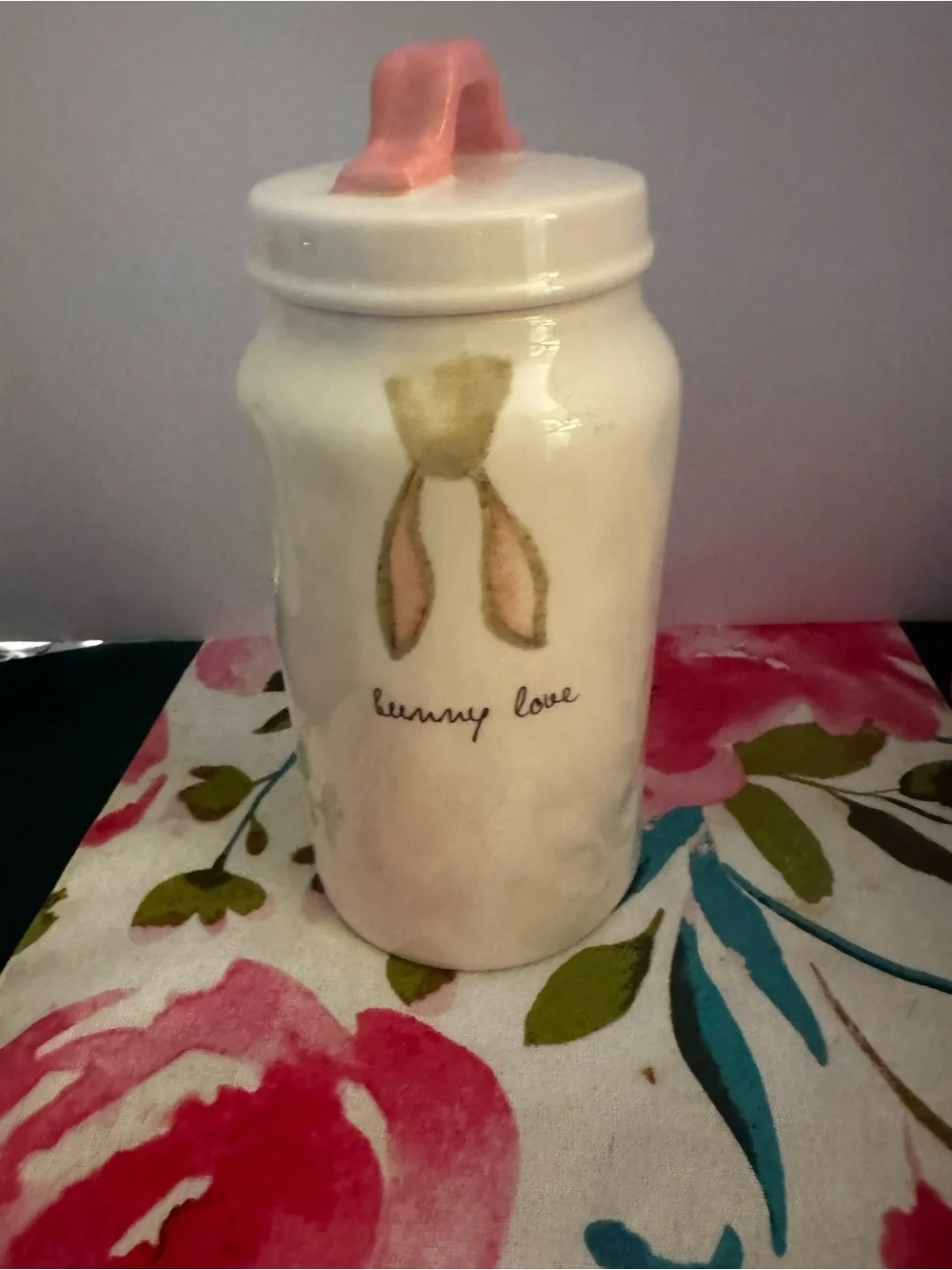 RAE DUNN EASTER BUNNY LOVE Cookie Jar Canister Rabbit Ears Tall Magenta Pink Lid